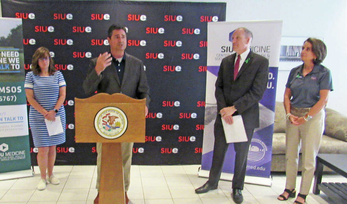 Illinois Department of Agriculture Director Jerry Costello II, second from left, speaks during a press conference Thursday at the National Corn-to-Ethanol Research Center (NCERC) at SIUE. He was joined by, left to right, State Rep. Katie Stuart (D-Edwardsville), SIU President Dan Mahony and Karen Stallman from the Farm Family Resource Initiative.
