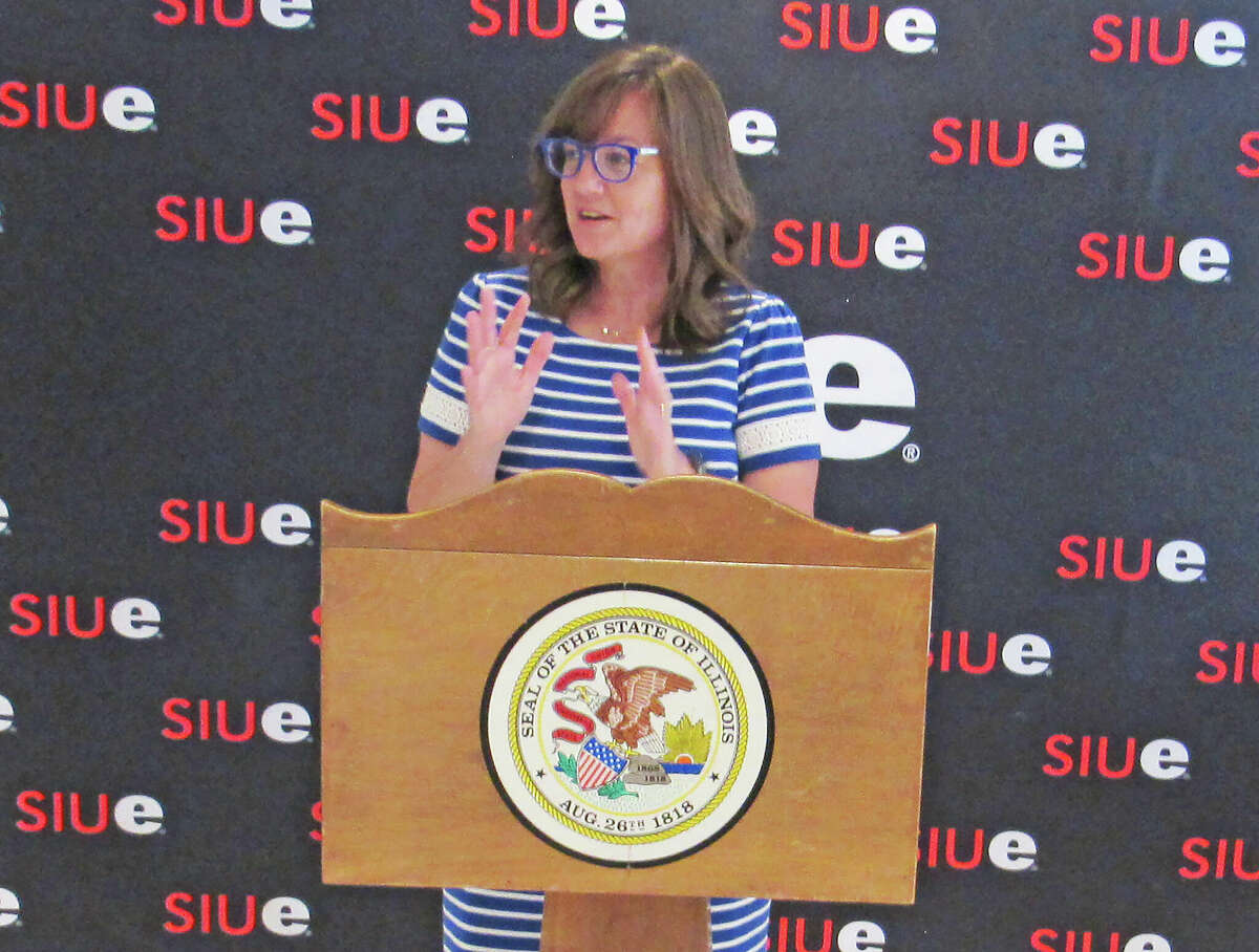 State Rep. Katie Stuart (D-Edwardsville) speaks during a press conference Thursday at the National Corn-to-Ethanol Research Center (NCERC) at Southern Illinois University Edwardsville.