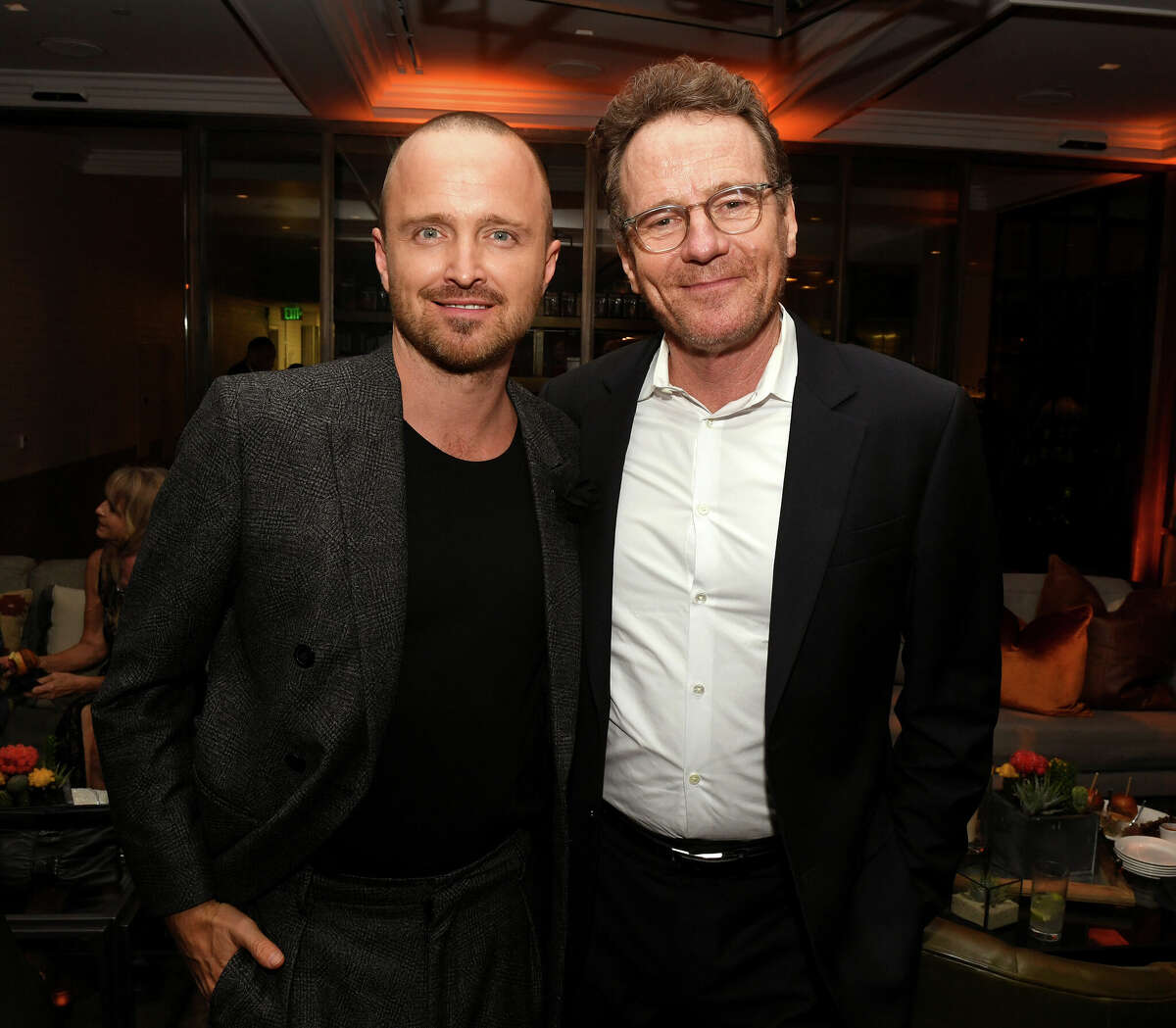 Aaron Paul and Bryan Cranston pose at the after party for the premiere of Netfflix's "El Camino: A Breaking Bad Movie" at Baltaire on October 07, 2019 in Los Angeles, California. 