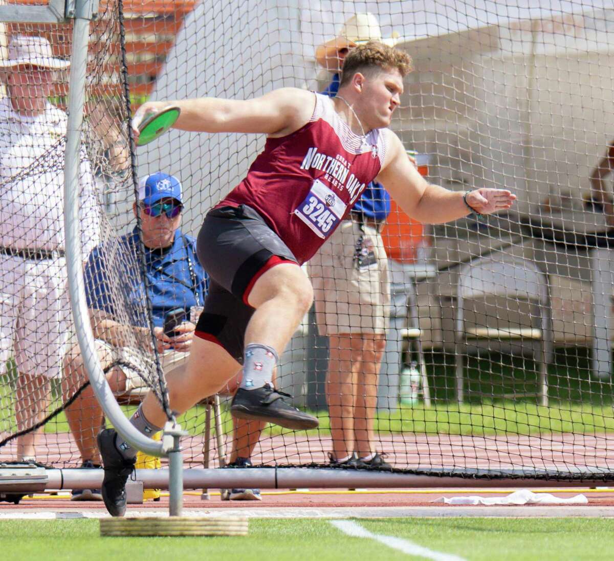 Northern Oaks John Hanson competes in the Class 3A boys discus at the UIL State Track and Field Championship on Thursday, May 12, 2022, at the Mike A. Myers Stadium in Austin, TX. [John Gutierrez / Contributor]