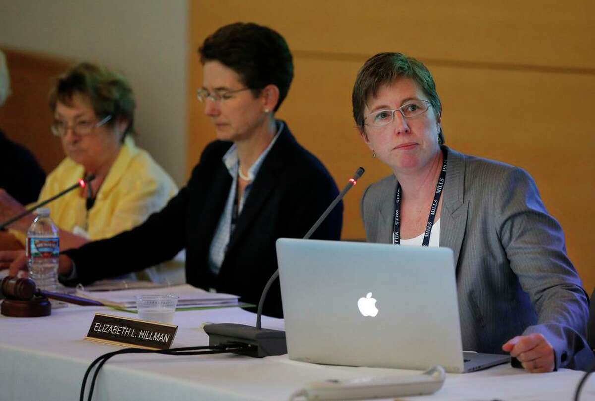 Mills College President Elizabeth Hillman is shown during a board of trustees meeting.