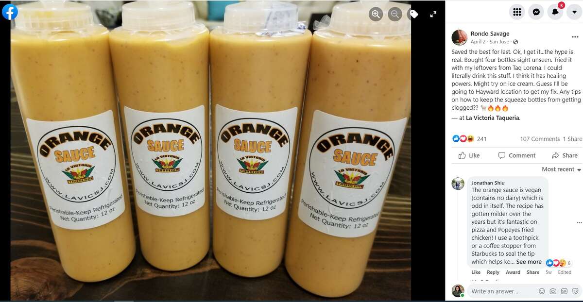 Un cliente que publicó recientemente en la comunidad de Facebook de Bay Area Eats escribió que la exageración de La Victoria es real e incluso bromeó diciendo que su salsa de naranja podría terminar encima del helado.