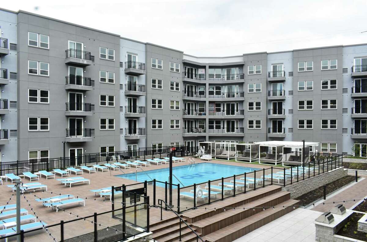 A courtyard pool at The Curb apartments in Norwalk, Conn.