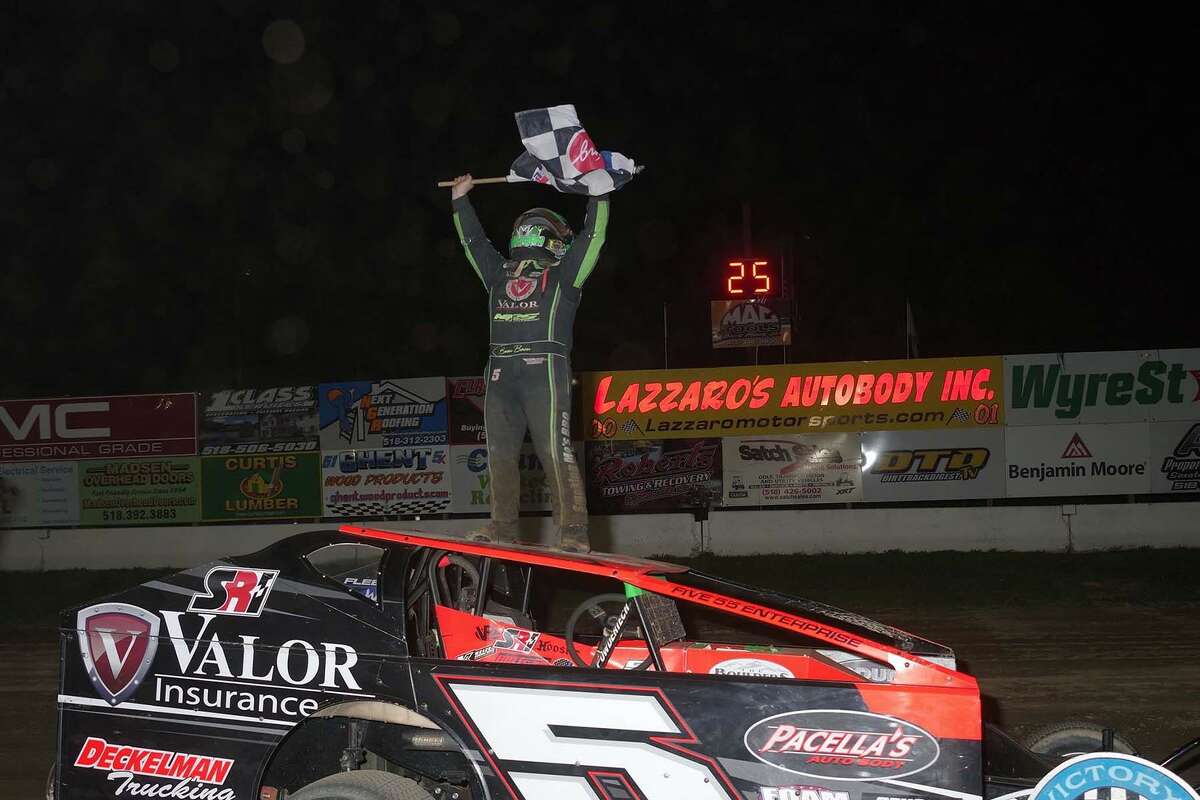 Brock Pinkerous celebrates his victory at Albany Saratoga Speedway on Saturday, May 7, 2022.