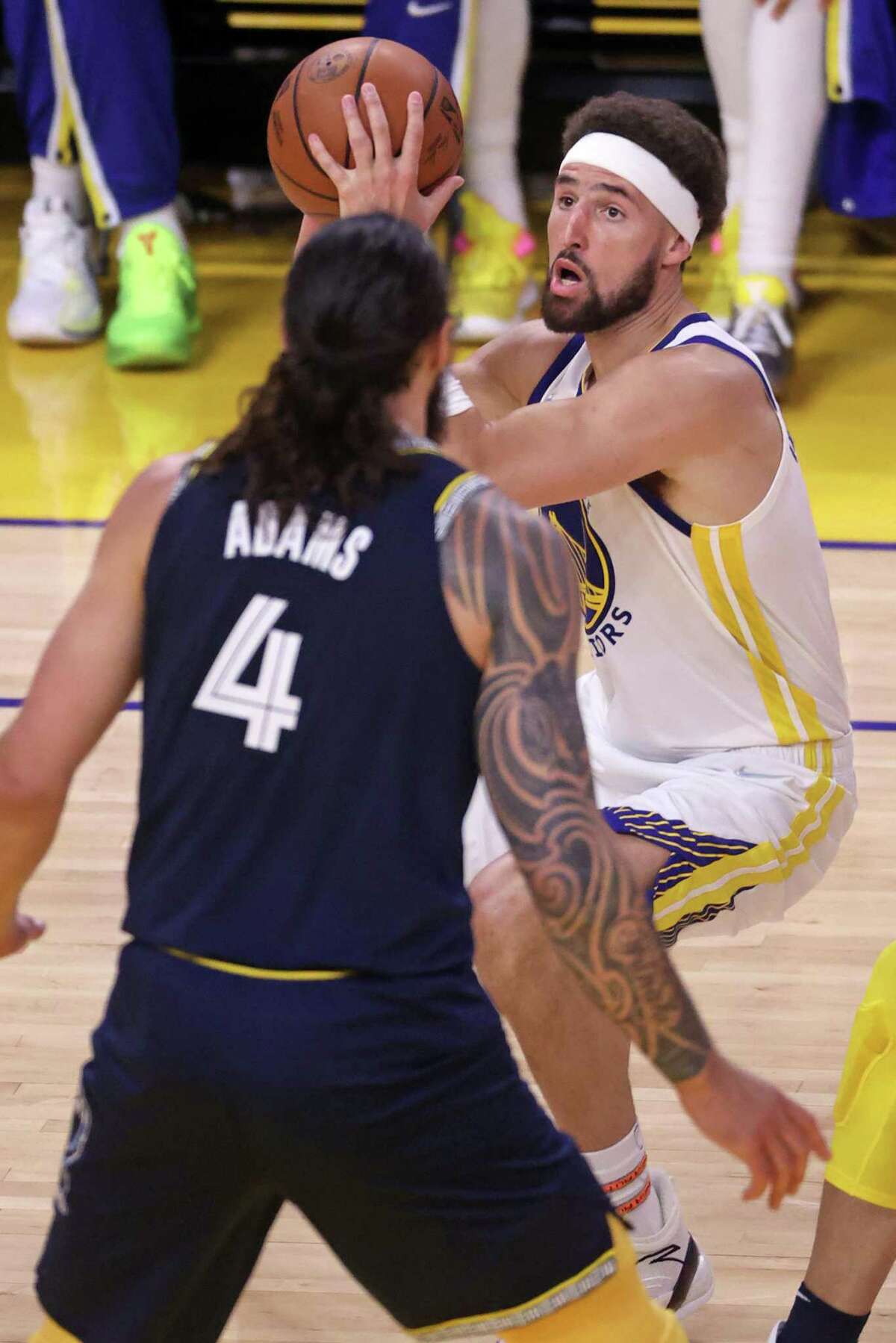 Golden State Warriors’ Klay Thompson looks to shoot against Memphis Grizzlies’ Steven Adams during Game 4 of NBA Western Conference Semifinals at Chase Center in San Francisco, Calif., on Monday, May 9, 2022.