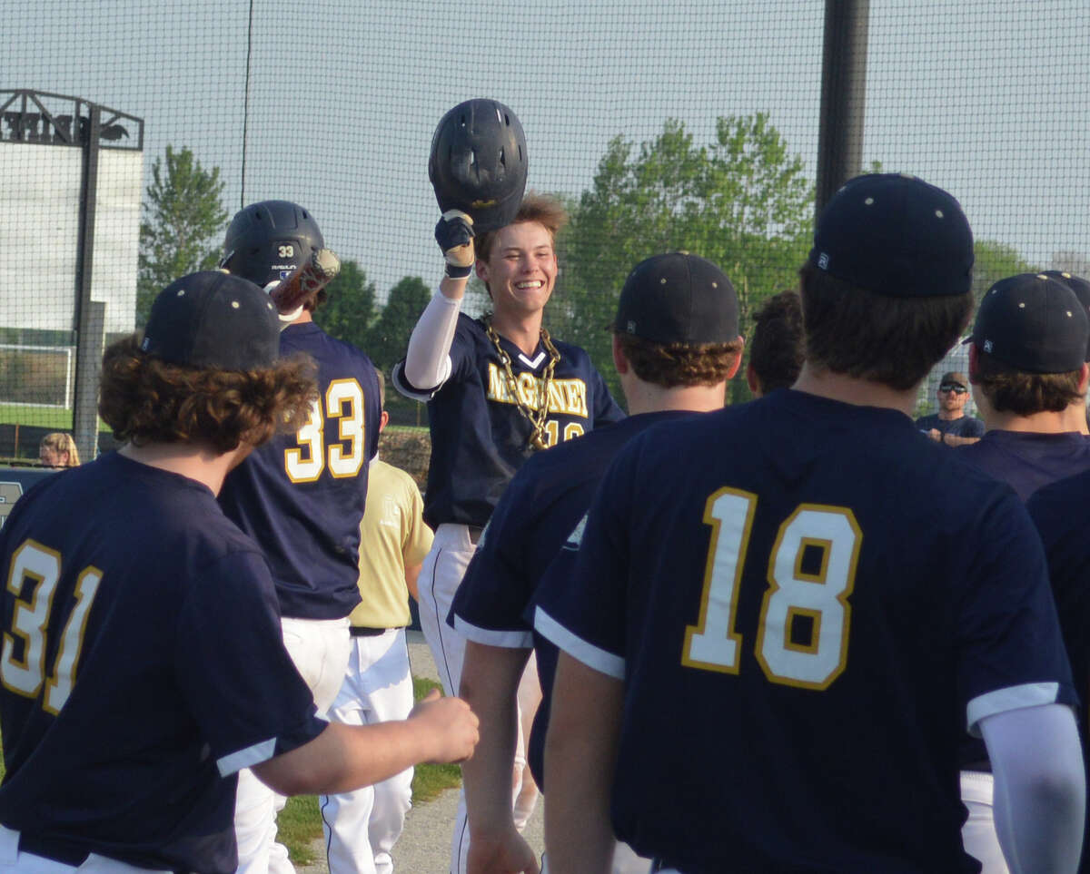 Jackson Rodgers is greeted by teammates after his home run capped off an 11-3 win over Civic Memorial on Thursday.