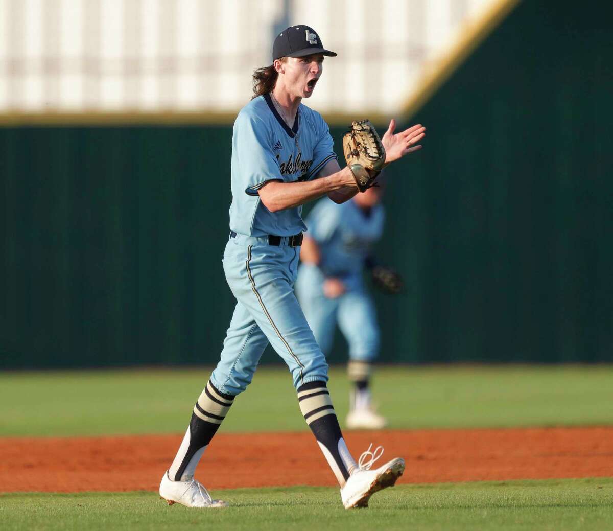 Lake Creek starting pitcher Shane Sdao (1) reacts after getting Caylon Dygert #9 of Magnolia West to ground out to end the top of the first inning of Game 1 of a Region II-6A high school baseball bi-district playoff series at Lake Creek High School, Friday, May 6, 2022, in Montgomery.