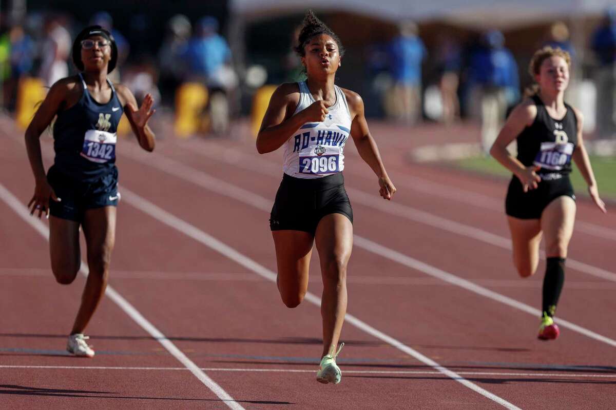 Randolph’s Taylor Nunez pushes herself to the finish line during the UIL State Track and Field Championship Class 3A 100 Meter Dash at Mike A. Myers Stadium in Austin, Texas, Thursday, May 12, 2022.