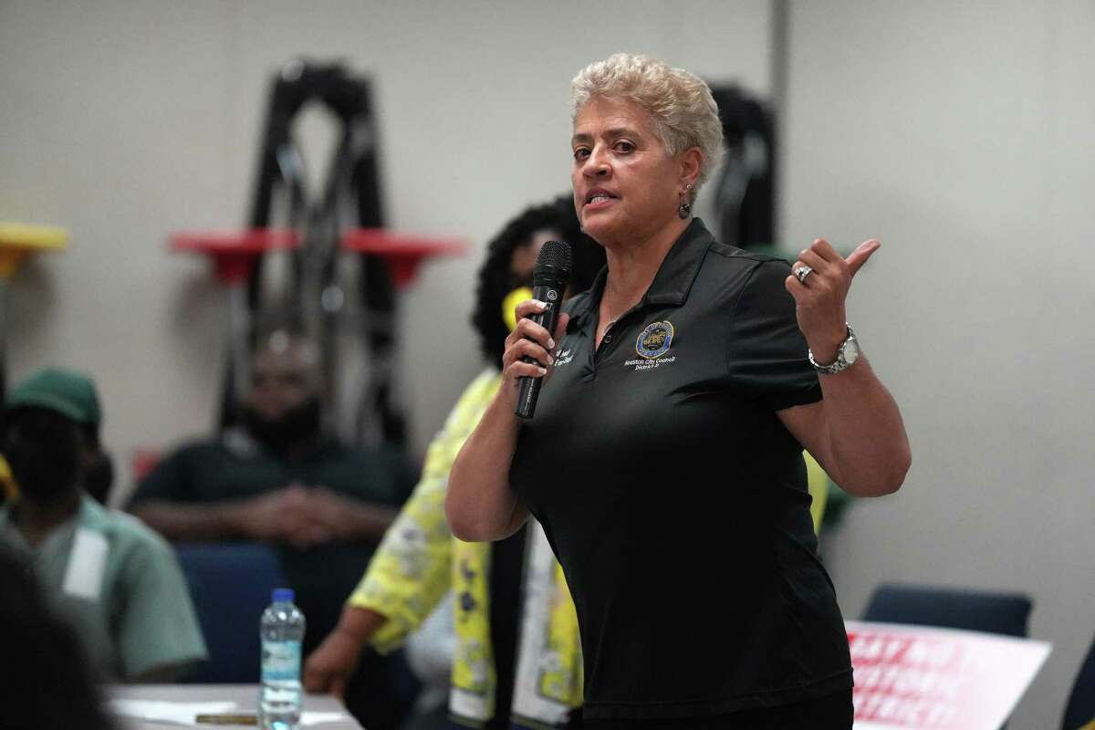 Council member Carolyn Evans-Shabazz speaks during a meeting with residents of Riverside Terrace in Third Ward as they denounced the proposed Riverside Terrace Historic District at Good Hope Missionary Baptist Church on May 12, 2022, in Houston. They say a minority of homeowners sought the historic district status and that it would be onerous for longtime owners, who cannot meet the historic specifications for repairs and upkeep and will force families who have been in the area for generations to live in homes they cannot afford to repair or sell all together. They say there was never a public meeting. “This is not preservation. The federal and state tax breaks for homes in a historic district are more favorable for investors than longstanding primary residents.