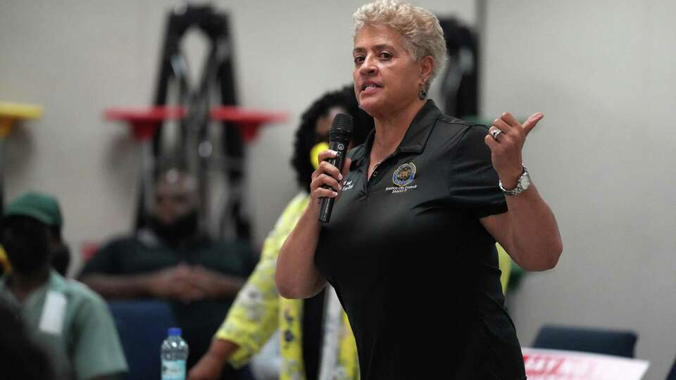 Council member Carolyn Evans-Shabazz speaks during a meeting with residents of Riverside Terrace in Third Ward as they denounced the proposed Riverside Terrace Historic District at Good Hope Missionary Baptist Church on May 12, 2022, in Houston. They say a minority of homeowners sought the historic district status and that it would be onerous for longtime owners, who cannot meet the historic specifications for repairs and upkeep and will force families who have been in the area for generations to live in homes they cannot afford to repair or sell all together. They say there was never a public meeting. 