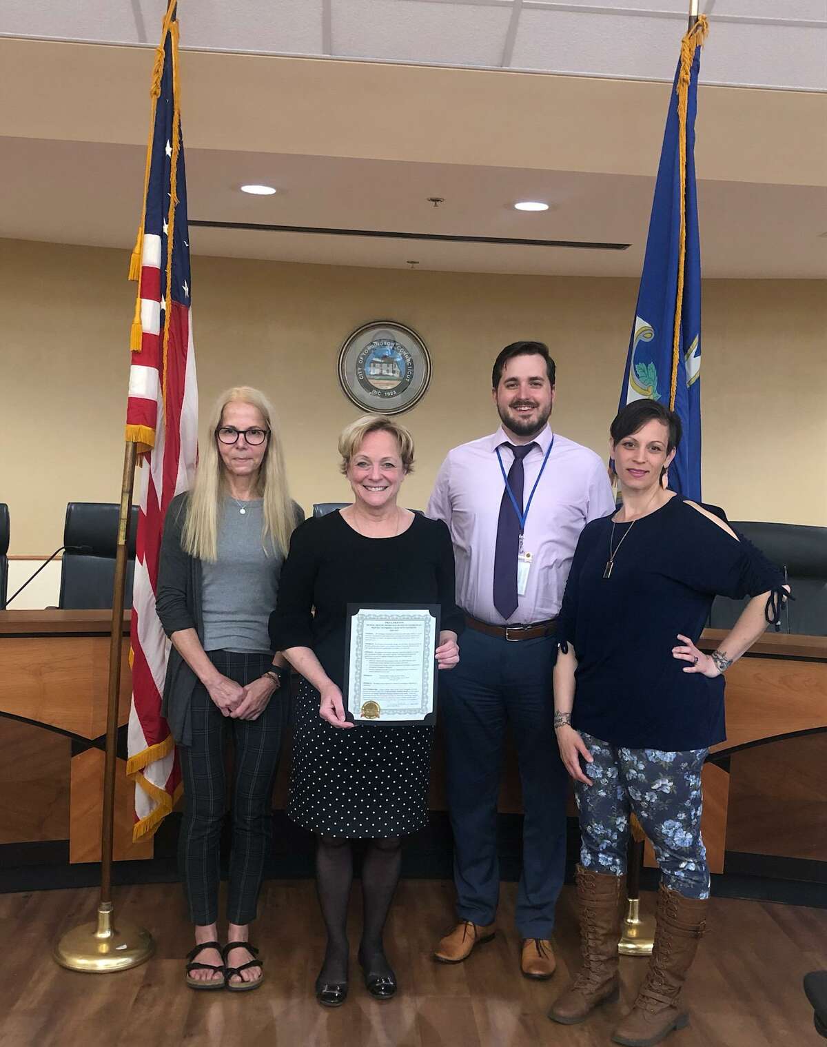 In honor of Mental Health Awareness month, Mayor Carbone recognized The Torrington Awareness and Prevention Partnership coalition with a proclamation. Accepting the proclamation were, from left, Catharina Ohm, Executive Director of Torrington Youth Service Bureau; Partner, Andrew Lyon, TAPP Coalition coordinator; and Judy Kobylarz-Dillard, TAPP Coalition vice chairperson.