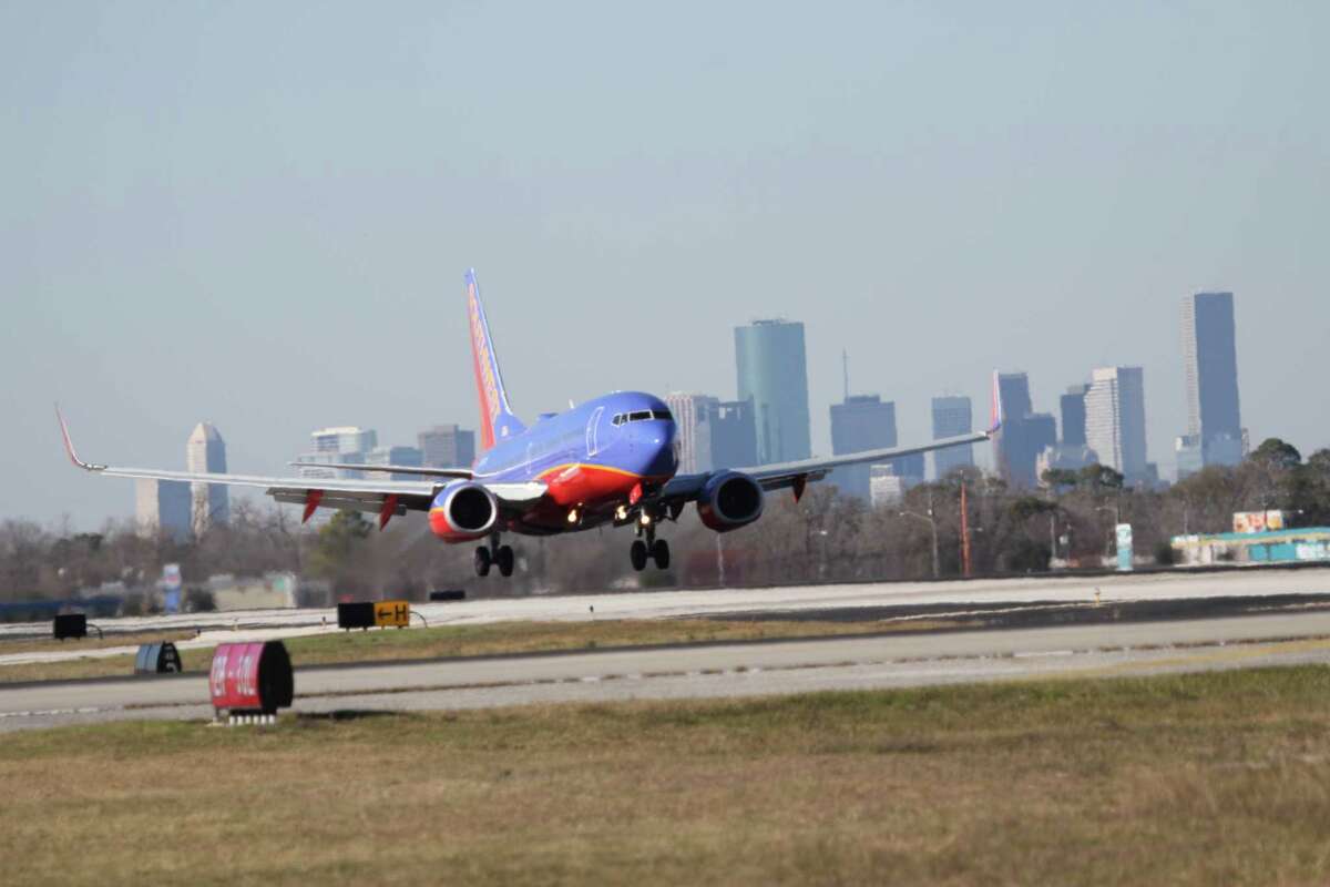 A Southwest Airlines jet lands at Hobby Airport. 