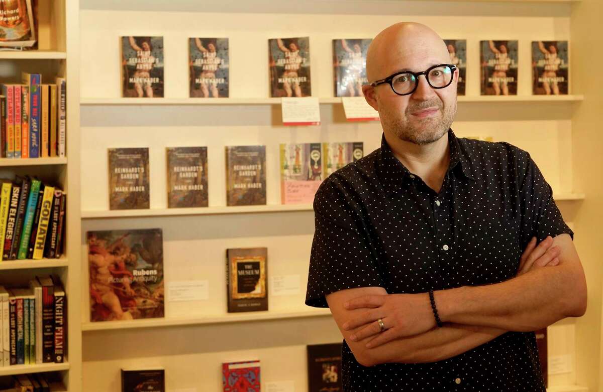 Mark Haber, operations manager of Brazos Bookstore, 2421 Bissonnet, is shown Friday, April 22, 2022, in Houston. He has a new novel out this summer, Saint Sebastian's Abyss, a comic contemplation about art, art criticism and friendship.