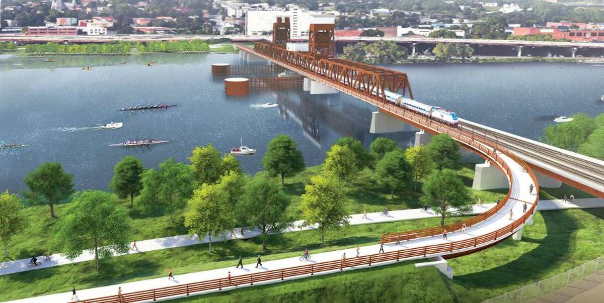 A rendering, looking west toward Albany, showing how a new Livingston Avenue Bridge might meet the waterfront in Rensselaer.