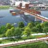 A rendering, looking west toward Albany, showing how a new Livingston Avenue Bridge might meet the waterfront in Rensselaer.