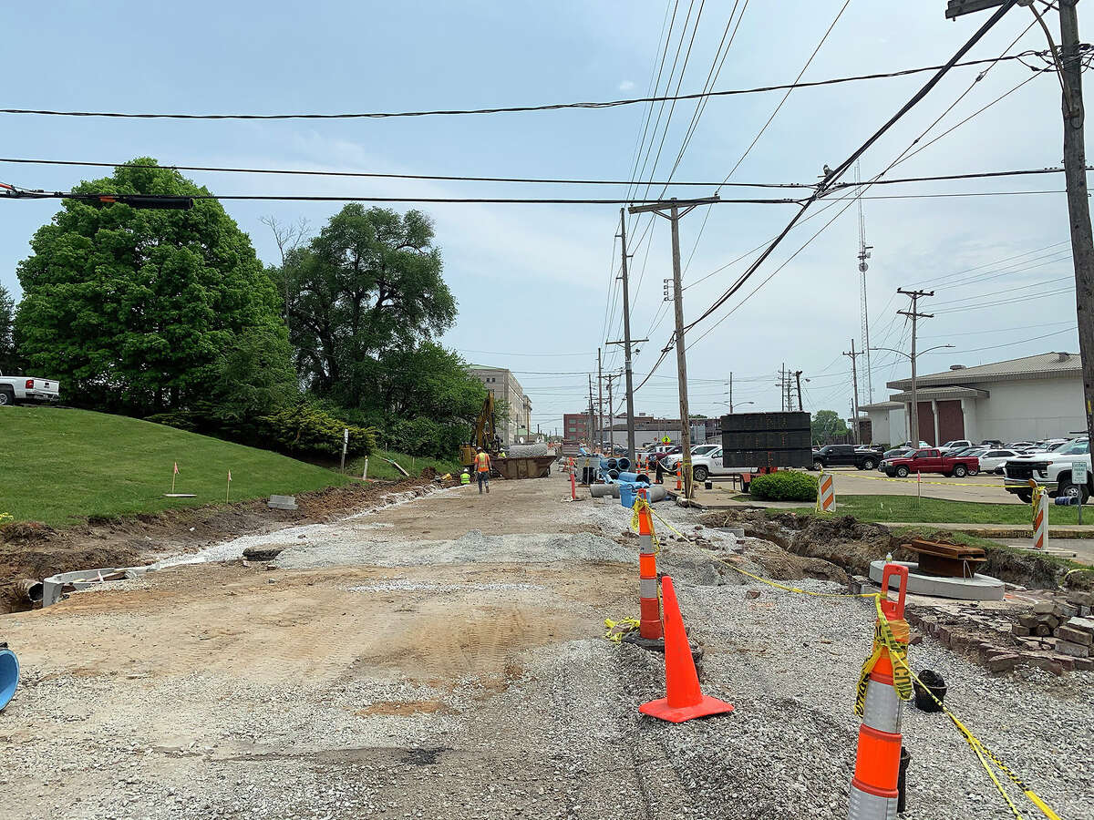 Crews from public works have been busy on North Second Street. The view here is looking south toward St. Louis Street. Crews should complete the work before the Criterium in August.