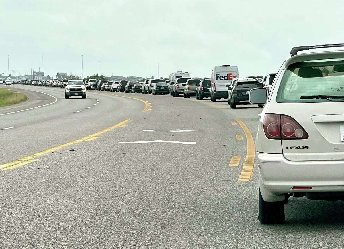 Traffic backs up on Texas 6 about two miles from Interstate 45 in Hitchcock on May 7, 2022. Motorists heading to Galveston were running into significant traffic Saturday near the causeway. Multiple lanes in both directions were closed due to construction on I-45 near the causeway, according to TxDOT.