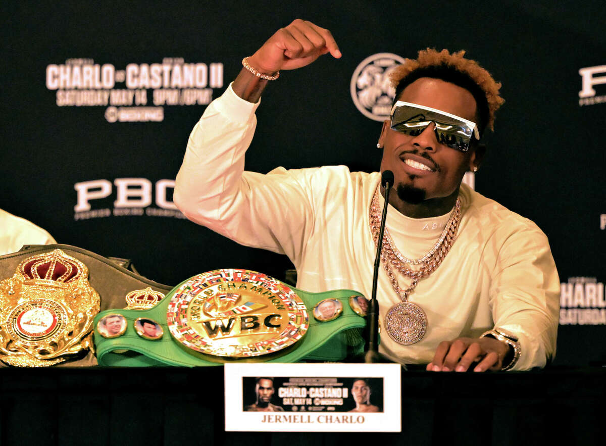 Jermell Charlo answers questions during a press conference for his upcoming super welterweight fight against Brian Castano at The Westin Los Angeles Airport on May 12, 2022 in Los Angeles, California.