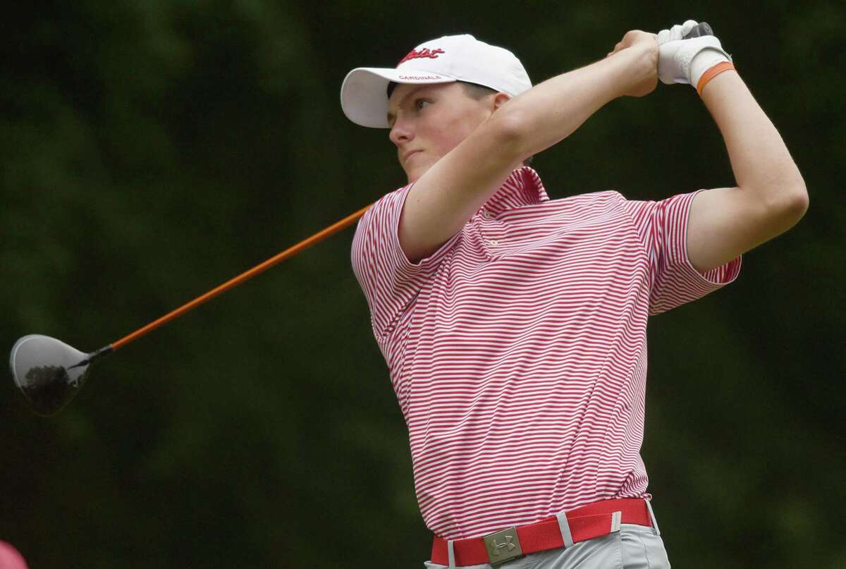 Greenwich’s Jackson Fretty drives on the 18th during the FCIAC boys golf championship at Fairchild Wheeler Golf Course in Fairfield on Thursday, May 30, 2019. Fretty advanced to U.S. Open sectional qualifying this past week.