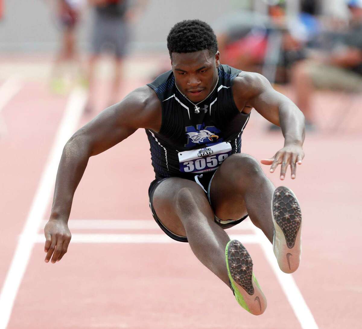 Kedrick Reescano of New Caney competes in the Class 5A boys triple jump during the UIL State Track & Field Championships at Mike a Myers Stadium, Friday, May 13, 2022, in Austin.