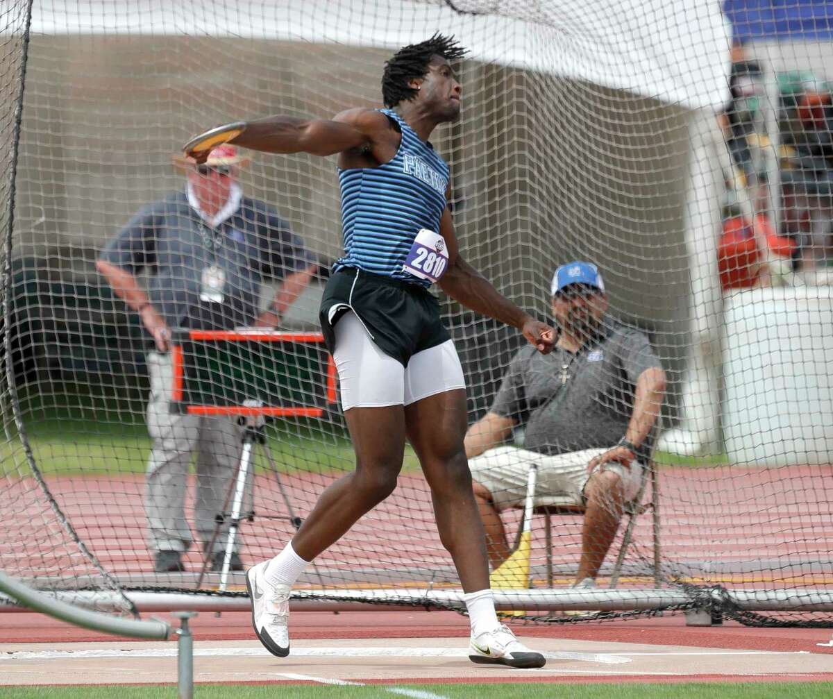 Charles Chukwu of Katy Paetow competes in the Class 5A boys discus during the UIL State Track & Field Championships at Mike a Myers Stadium, Friday, May 13, 2022, in Austin.