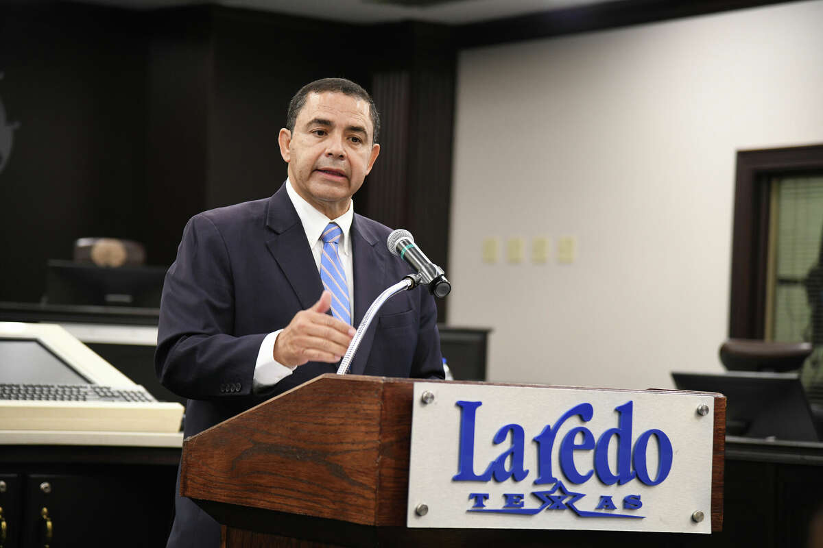 Rep. Henry Cuellar gives his remarks at Laredo City Hall on Friday, May 13, 2022.