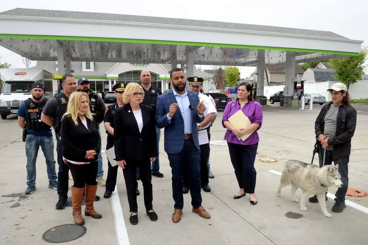 City councilman Marcus Brown speaks during a news conference in front of a Cumberland Farms gas station in Bridgeport, Conn. May 13, 2022. Beginning in June, it will be illegal to sell gas to unregistered ATVs and off-road dirt bikes in the City of Bridgeport.