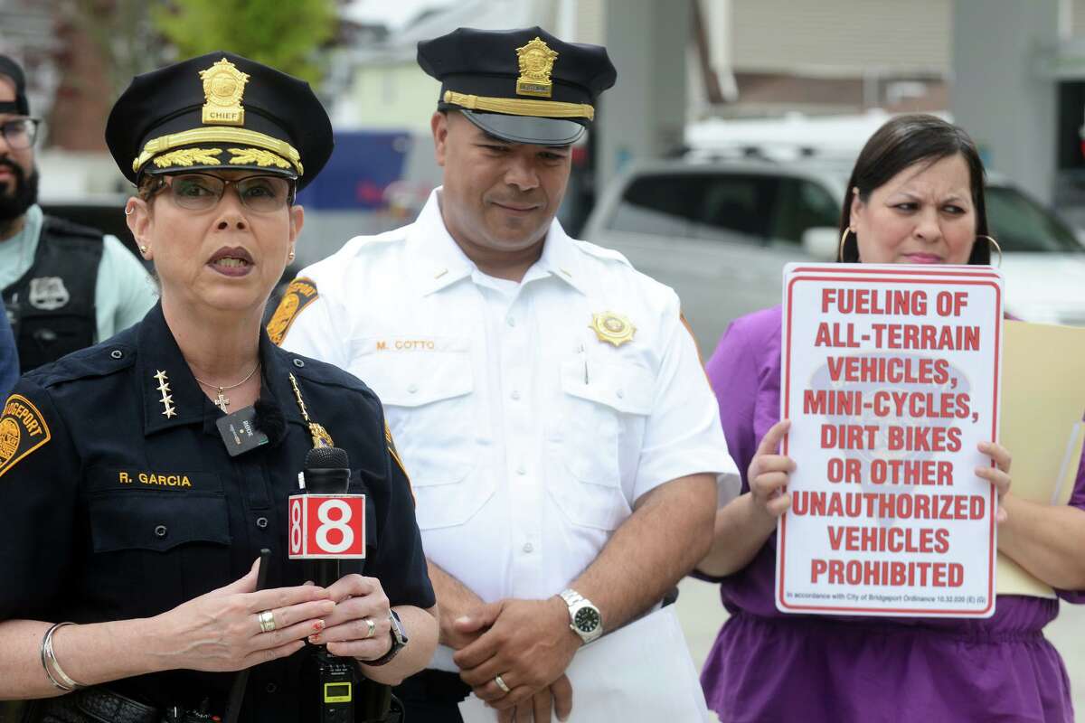 Acting Police Chief Rebeca Garcia speaks during a news conference in front of a Cumberland Farms gas station in Bridgeport, Conn. May 13, 2022. Beginning in June, it will be illegal to sell gas to unregistered ATVs and off-road dirt bikes in the City of Bridgeport.