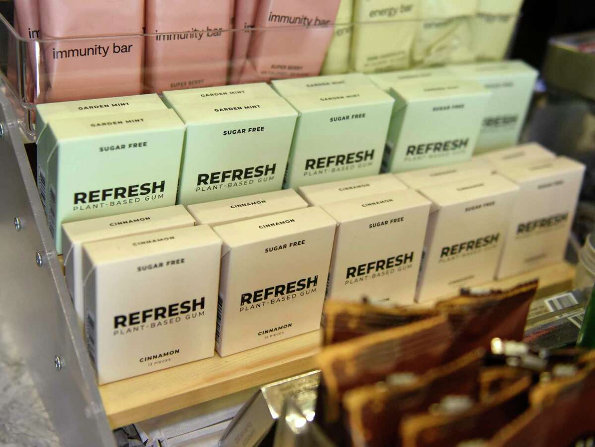 Refresh Gum is for sale at Juice Press in the Upper East Side neighborhood of New York, N.Y. Tuesday, May 10, 2022. Refresh Gum is a sugar free, plant based gum developed by Greenwich resident Ryan Stafford. The gum recently hit the shelves of many retailers and is available in flavors cinnamon, garden mint, and raspberry.