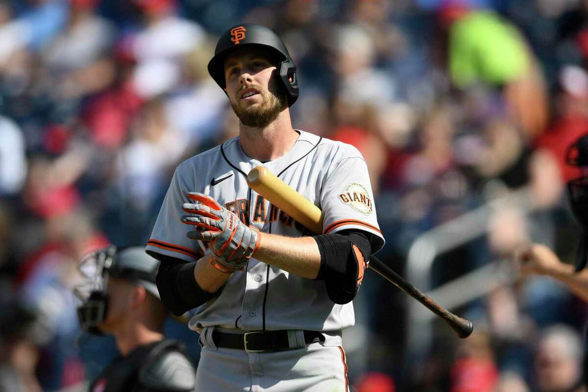 San Francisco Giants' Austin Slater in action during a baseball game against the Washington Nationals, Saturday, April 23, 2022, in Washington. The Giants won 5-2.(AP Photo/Nick Wass)