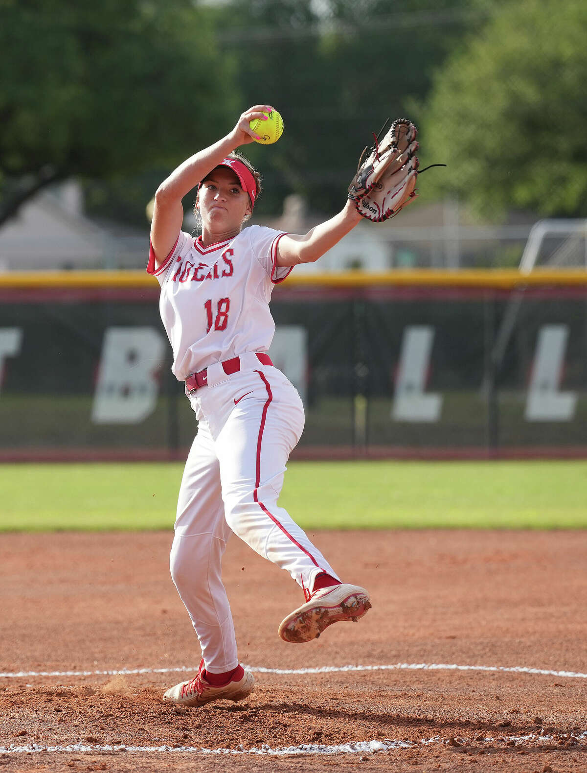Katy's starting pitcher Lauryn Soeken (18) pitches during the first inning during a Region III-6A quarterfinals softball game at Katy High School on Friday, May 13, 2022 in Katy. Katy beat Cinco Ranch 10-0 in six innings.