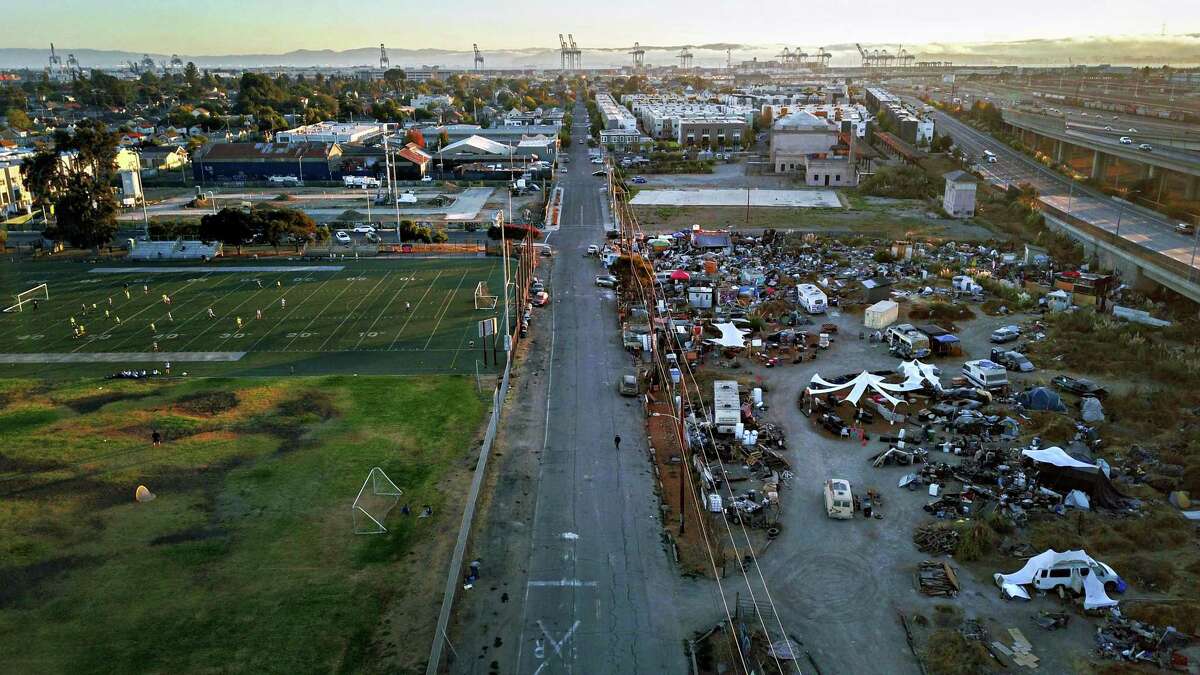 The homeless encampment off of Wood Street near Raimondi Park in Oakland, shown in September 2021, is one of the city’s largest.