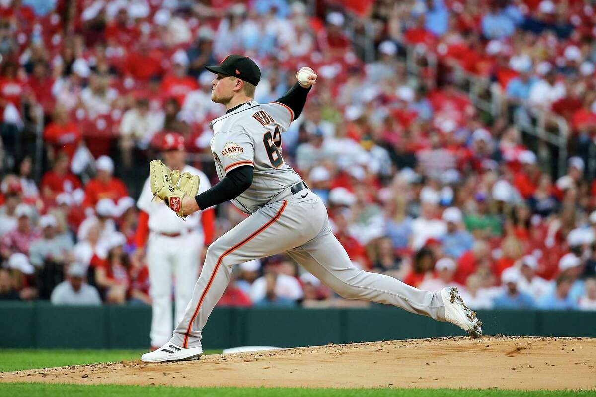 San Francisco Giants starting pitcher Logan Webb (62) throws during the first inning of a baseball game against the St. Louis Cardinals, Friday, May 13, 2022, in St. Louis. (AP Photo/Scott Kane)