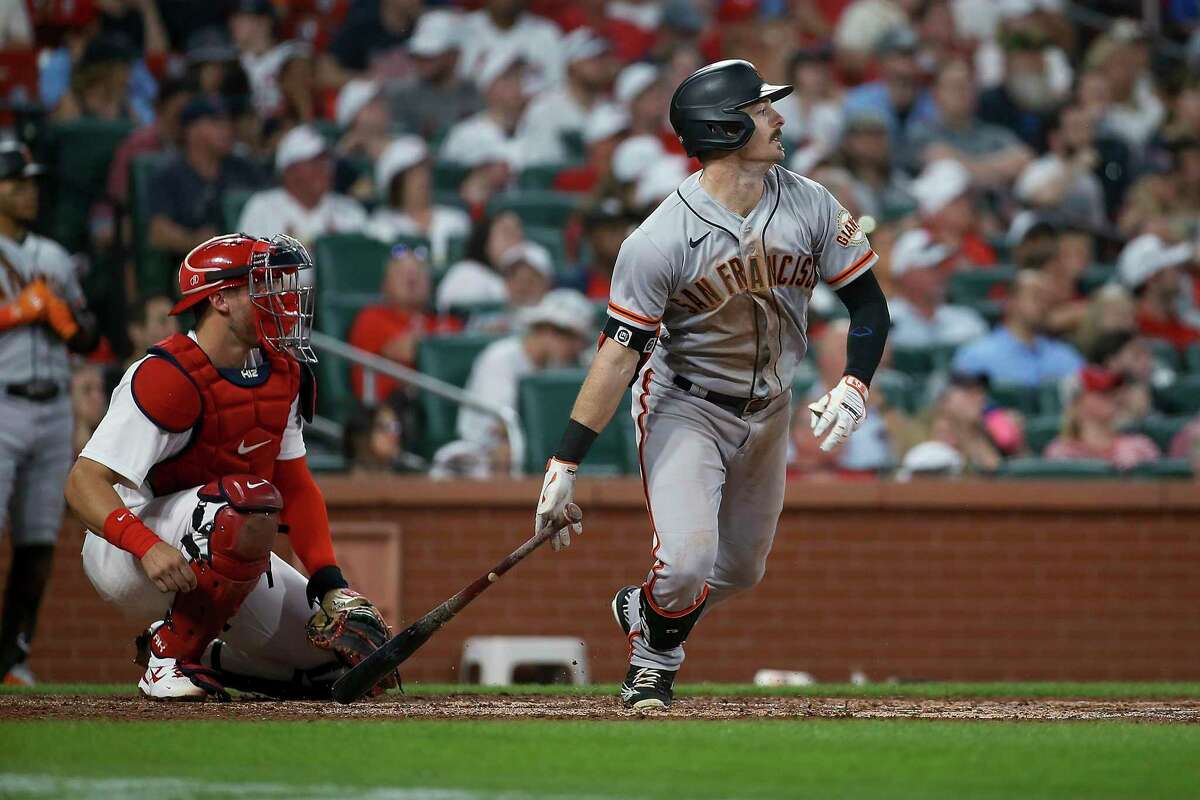 San Francisco Giants' Mike Yastrzemski watches his two-run double during the second inning of the team's baseball game against the St. Louis Cardinals on Friday, May 13, 2022, in St. Louis. (AP Photo/Scott Kane)