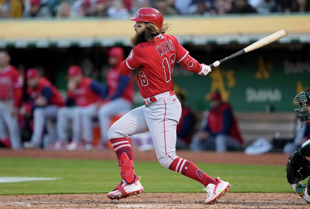 OAKLAND, CALIFORNIA - MAY 13: Brandon Marsh #16 of the Los Angeles Angels hits an rbi single scoring Anthony Rendon #6 against the Oakland Athletics in the top of the fourth inning at RingCentral Coliseum on May 13, 2022 in Oakland, California. (Photo by Thearon W. Henderson/Getty Images)