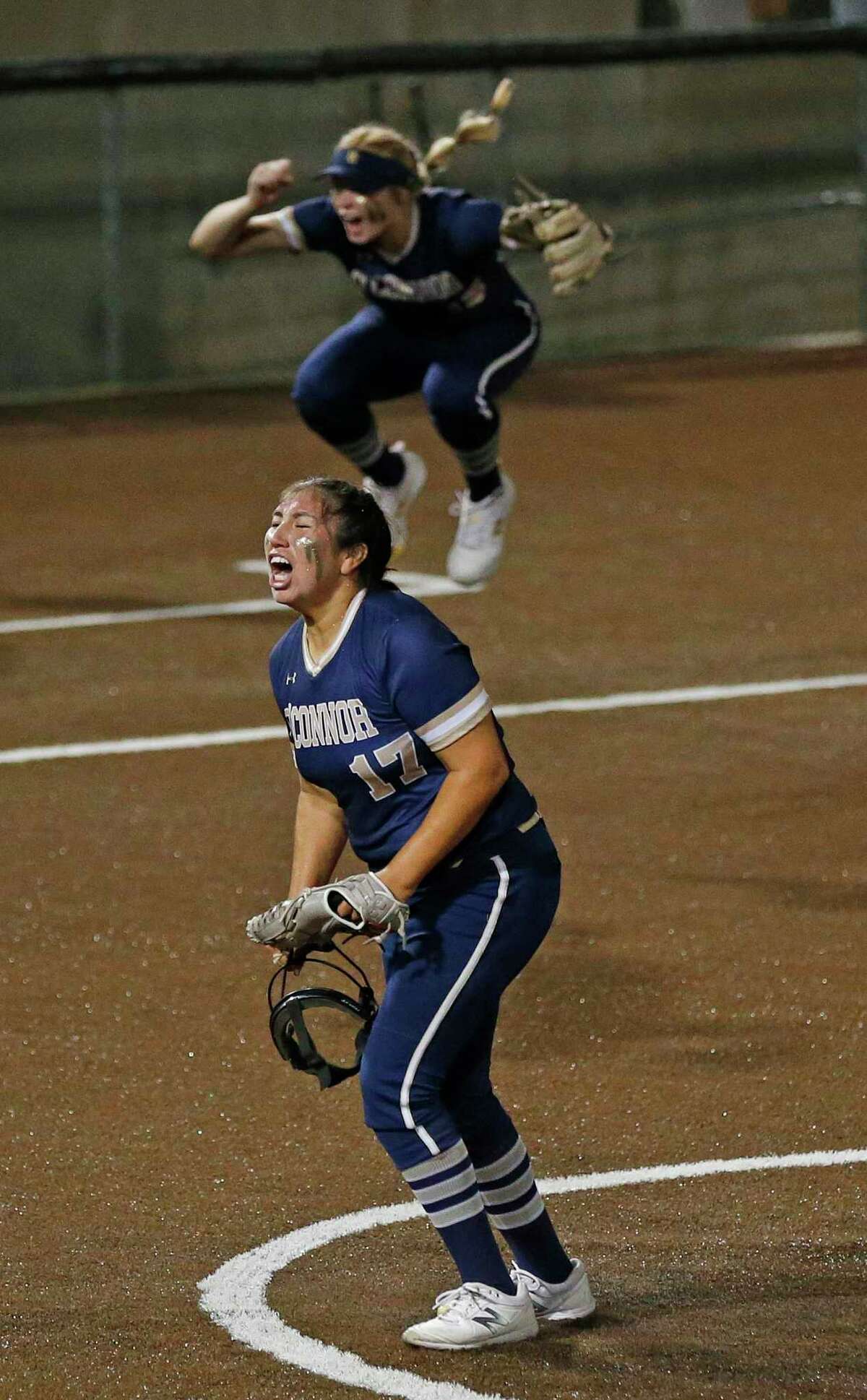 O’Connor pitcher Sammie Portillo (17) celebrates after striking out the last batter to end the game In a 6A Regional IV quarterfinals High School Softball as O'Connor defeated Brennan 12-3 at Northside Field on Friday, May 13, 2022.