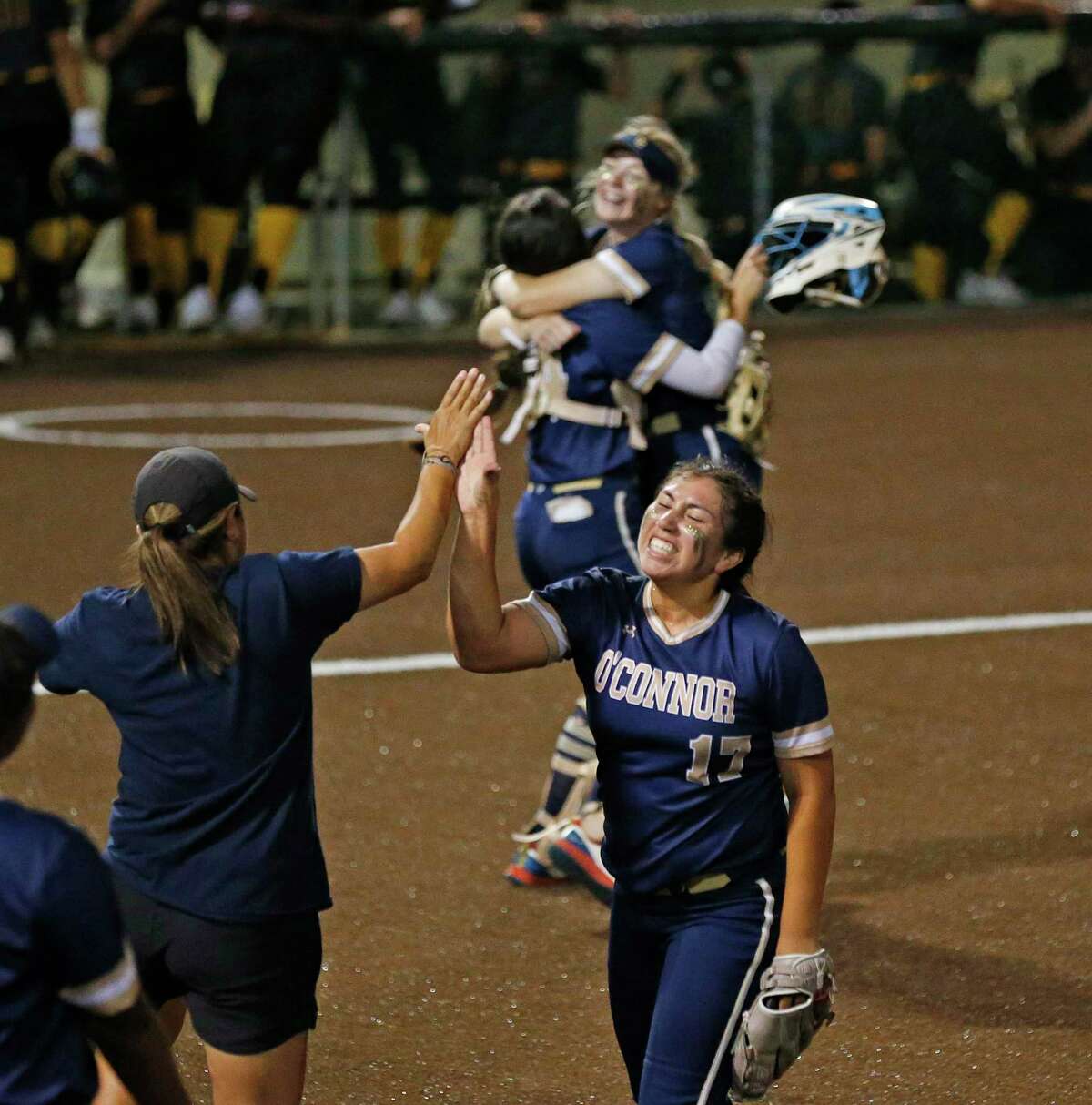 O’Connor pitcher Sammie Portillo (17) celebrates after striking out the last batter to end the game In a 6A Regional IV quarterfinals High School Softball as O'Connor defeated Brennan 12-3 at Northside Field on Friday, May 13, 2022.
