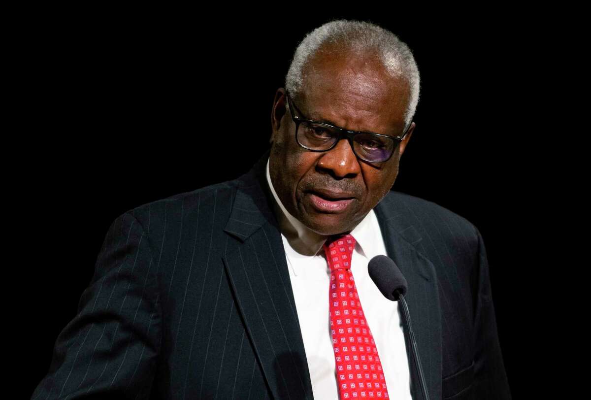 Supreme Court Justice Clarence Thomas speaks Sept. 16, 2021, at the University of Notre Dame in South Bend, Ind. (Robert Franklin/South Bend Tribune via AP, File)