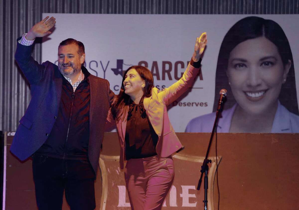 Cassy Garcia (center), a GOP candidate for TX-28, attends a rally alongside Texas Sen. Ted Cruz (R) at Texas Pride Barbecue on Friday, Feb. 25, 2022. Garcia is one of the GOP frontrunners in the race, though it may likely head to a runoff. Garcia is from Edinburg and once worked for Cruz at the Senate.