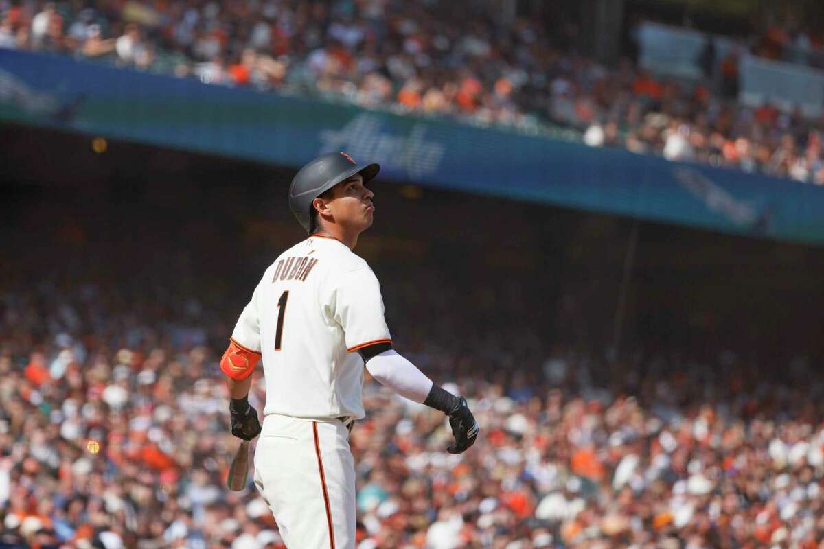 San Francisco Giants shortstop Mauricio Dubon (1) watches his foul ball in the eighth inning during an MLB game against the Miami Marlins, Friday, April 8, 2022, in San Francisco, Calif. Dubon grounded out at first base.