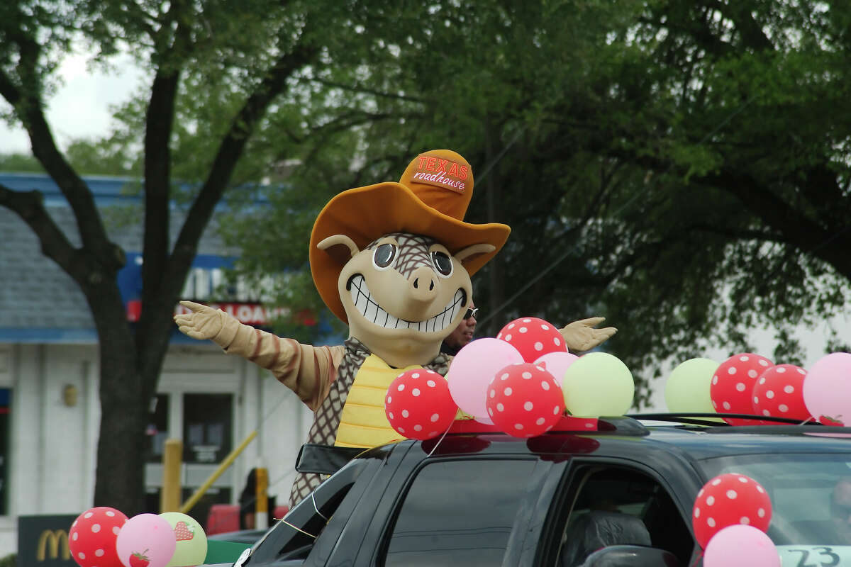 Texas Roadhouse mascot Andy Armadillo waves to the crowd during the Pasadena Strawberry Festival parade Saturday, May 14, 2022.
