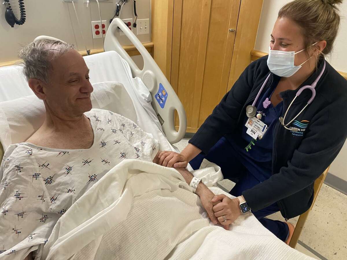 Griffin Hospital was recently recognized by Newsweek — for the fourth consecutive year — as one of the World’s Best Hospitals. Above, nurse Jen Iacuone speaks with Gary Sartori.