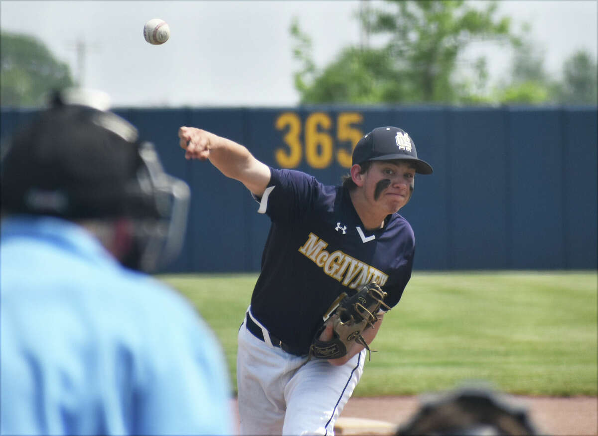 Father McGivney's Clayton Hopfinger delivers a pitch against Cahokia on Saturday in Glen Carbon.