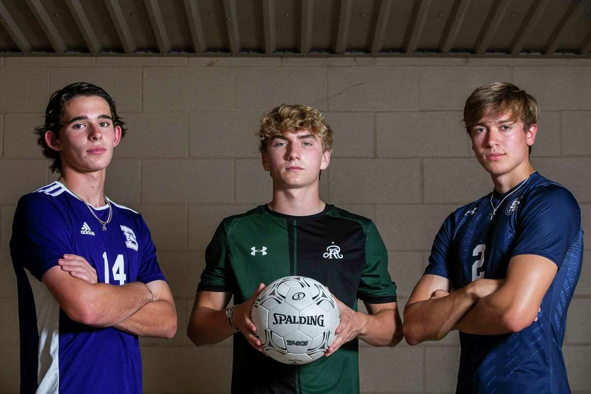 The Boys Soccer Player of the Year finalists, from left, Boerne’s Sam Theiss, Reagan’s Jason Sukow, and Smithson Valley’s Brad Dildy are pictured at Jerry Comalander Stadium in San Antonio, Texas, on May 10, 2022.