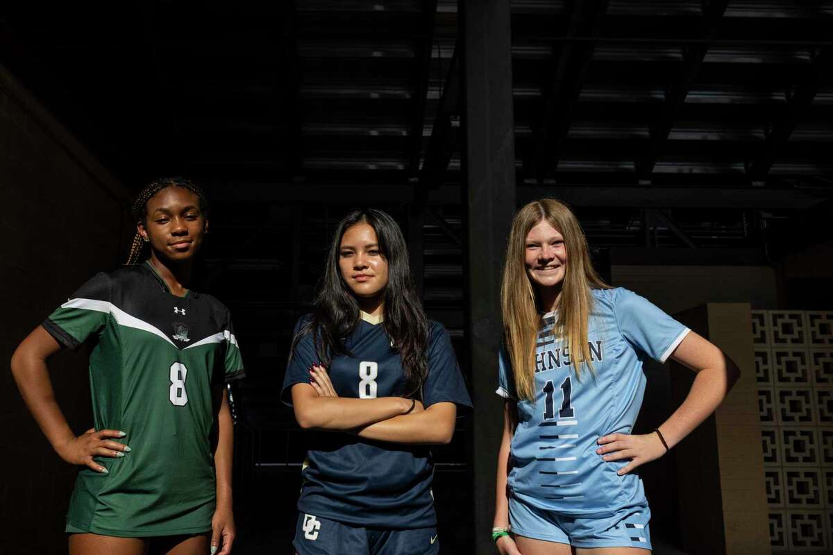 Girls Soccer Player of the Year finalists, from left, Reagan’s Taylor Jernigan, O’Connor’s Malia Dominguez and Johnson’s Mabry Williams are pictured at Jerry Comalander Stadium in San Antonio, Texas, on May 10, 2022.