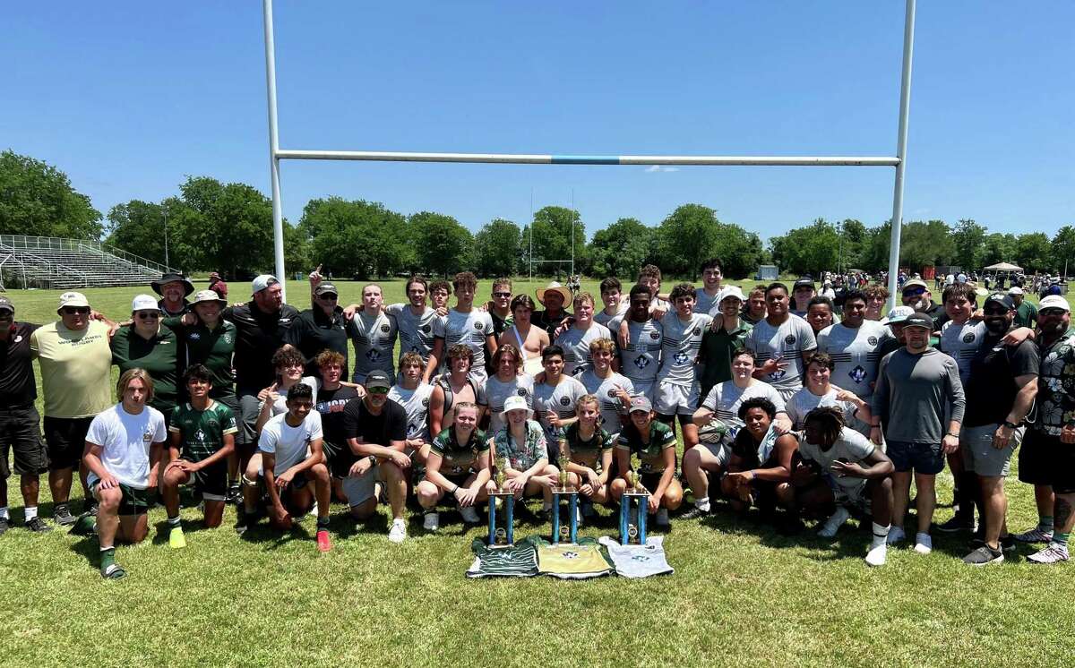 Members of the high school Division I, Division II and girls Woodlands Youth Rugby teams pose for a photo after each won state championships on Saturday in Austin.
