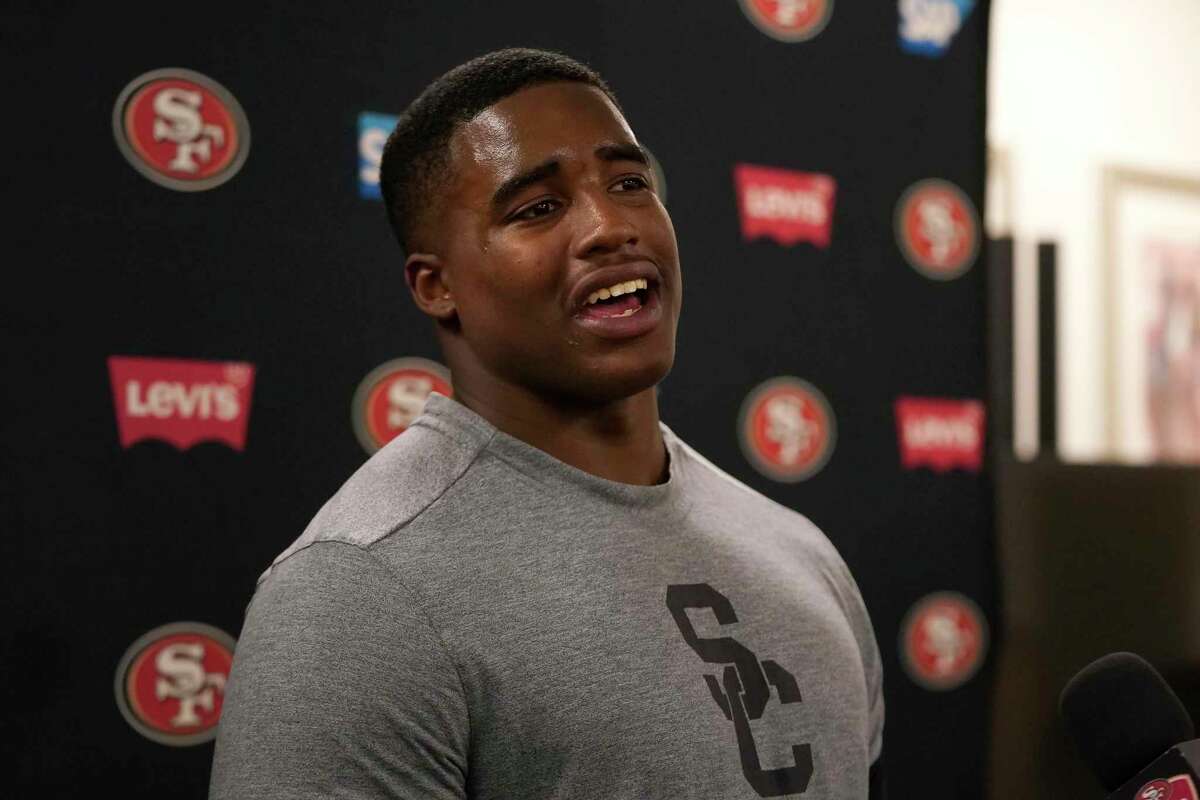 San Francisco 49ers' Drake Jackson speaks to reporters at the NFL team's rookie minicamp in Santa Clara, Calif., Friday, May 13, 2022. (AP Photo/Jeff Chiu)