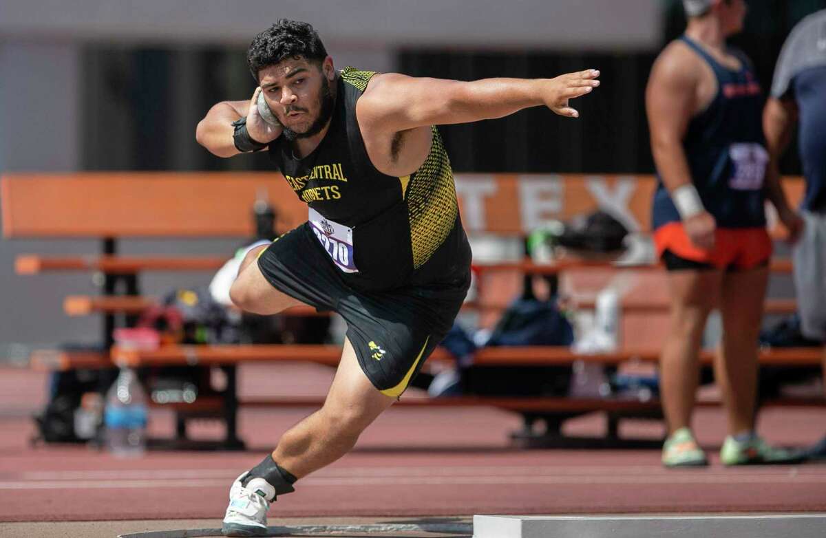 East Central’s Michael Pinones competes in the 6A shot put event during the UIL State Track and Field Championship at Mike A. Myers Stadium in Austin, Texas, on May 14, 2022.