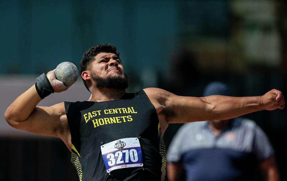 East Central’s Michael Pinones competes in the 6A shot put event during the UIL State Track and Field Championship at Mike A. Myers Stadium in Austin, Texas, on May 14, 2022.