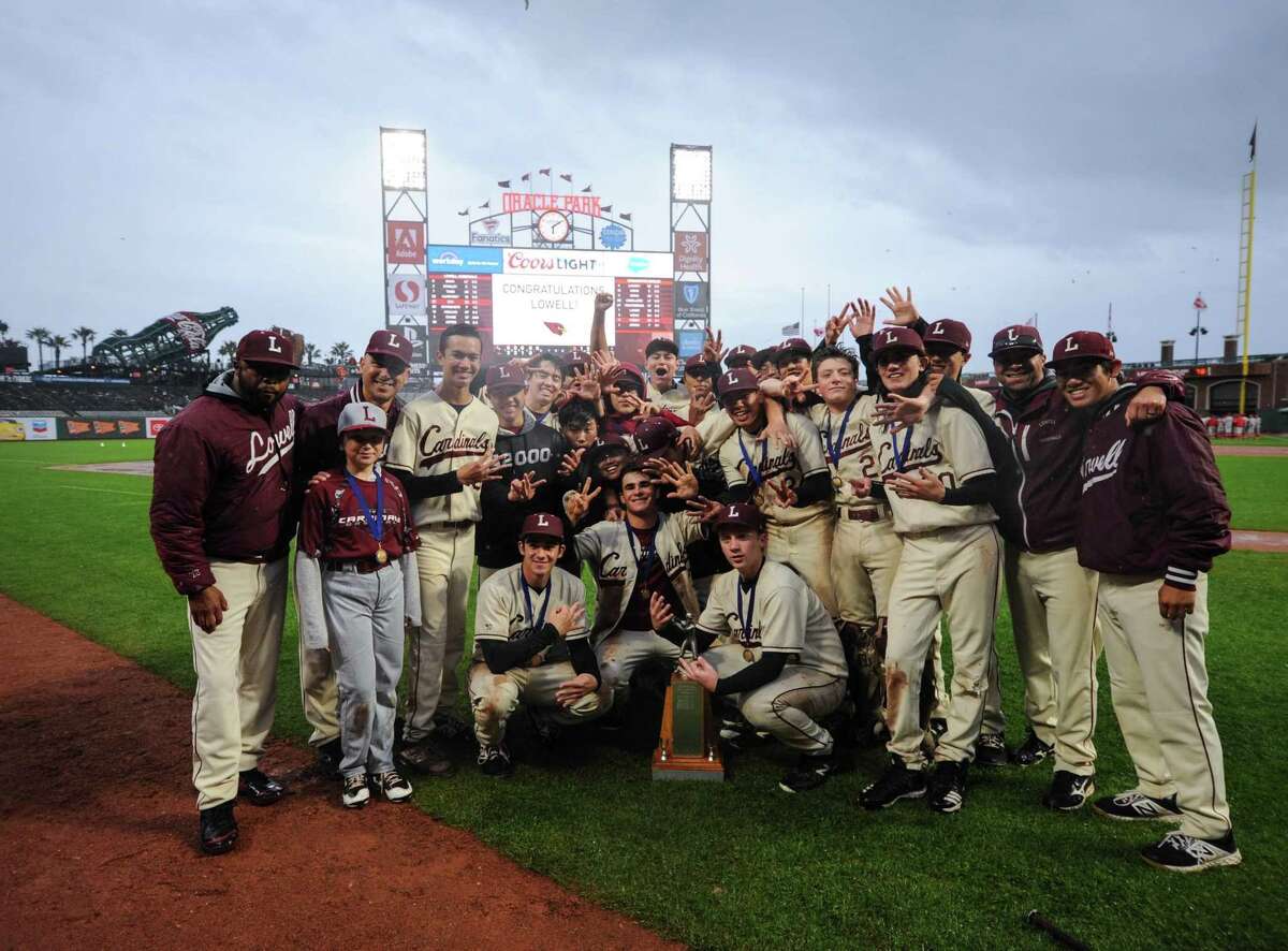Lowell baseball celebrates the last San Francisco Section title game played at Oracle Park on May 15, 2019. Lowell defeated Washington 5-0 for its seventh straight SFS title. The teams rematch again 4 p.m. Tuesday.